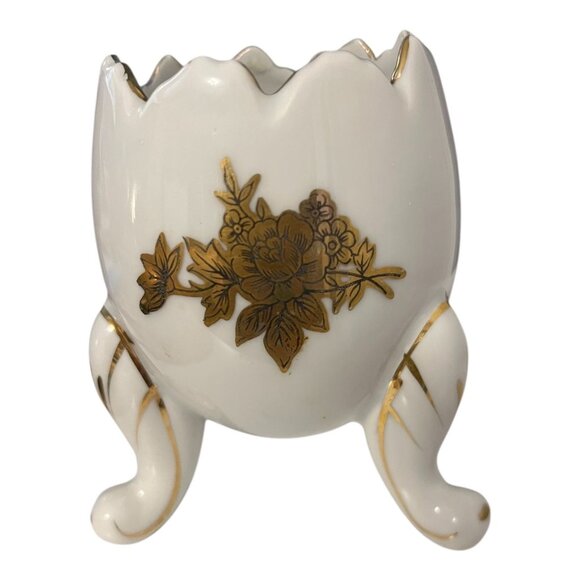 Vintage Napcoware Japan Porcelain Egg Shell Vase – Gold Floral Tripod Footed - Picture 2 of 6